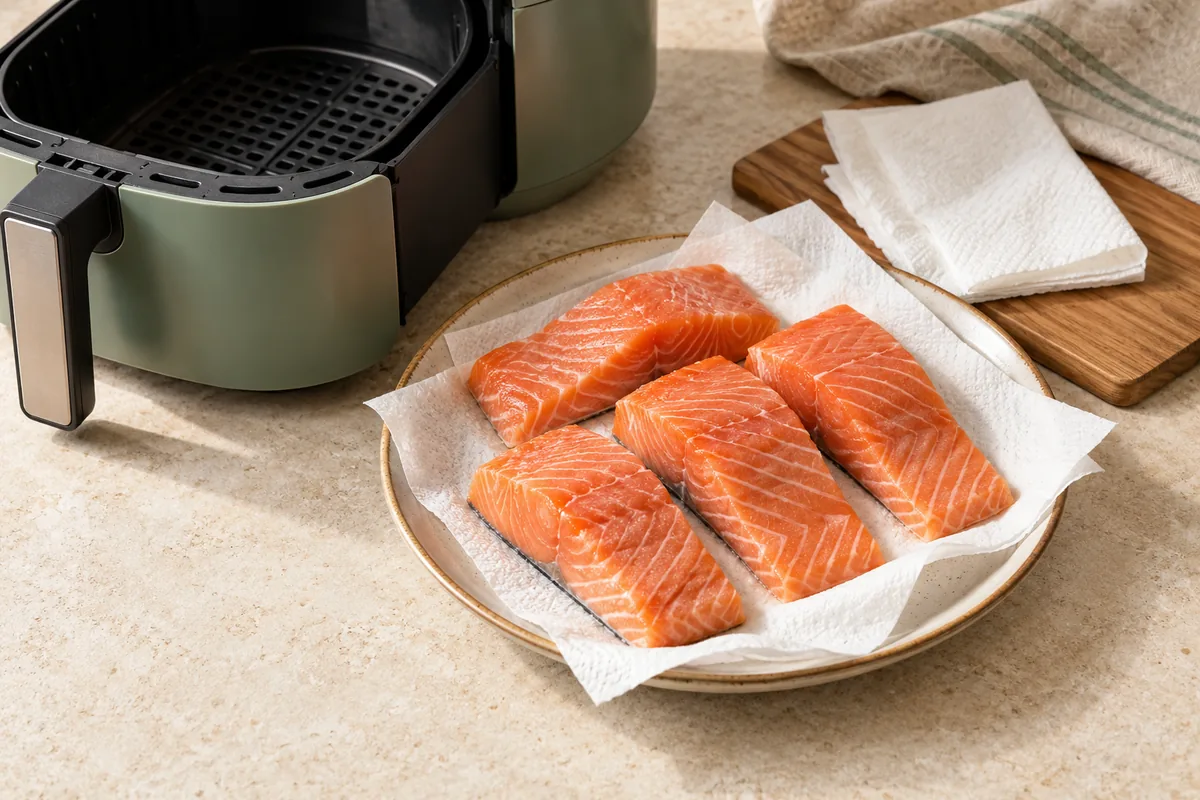 Preheat the air fryer to 400°F (200°C) for 3 to 5 minutes, or as your model recommends. Meanwhile, pat the salmon fillets very dry with paper towels.