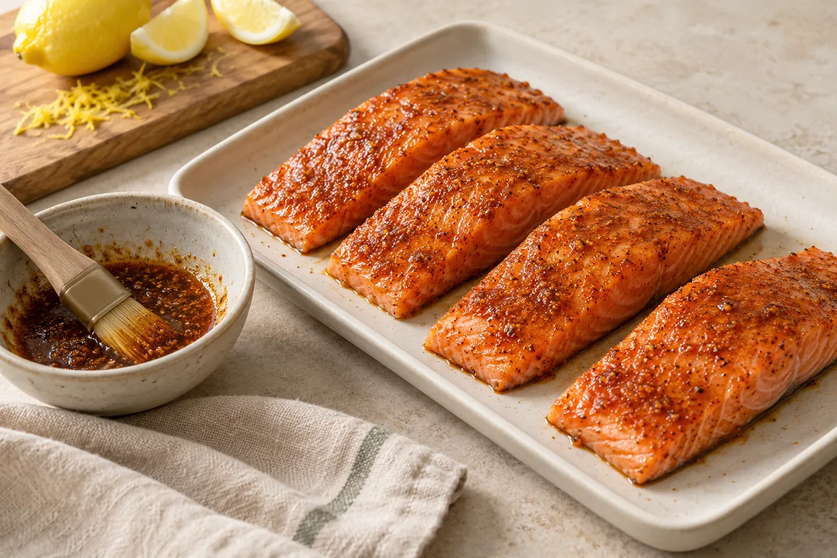 In a small bowl, stir together the oil, honey, paprika, garlic powder, lemon zest, salt and pepper to make a loose paste. Brush or rub it over the tops and sides of the fillets.