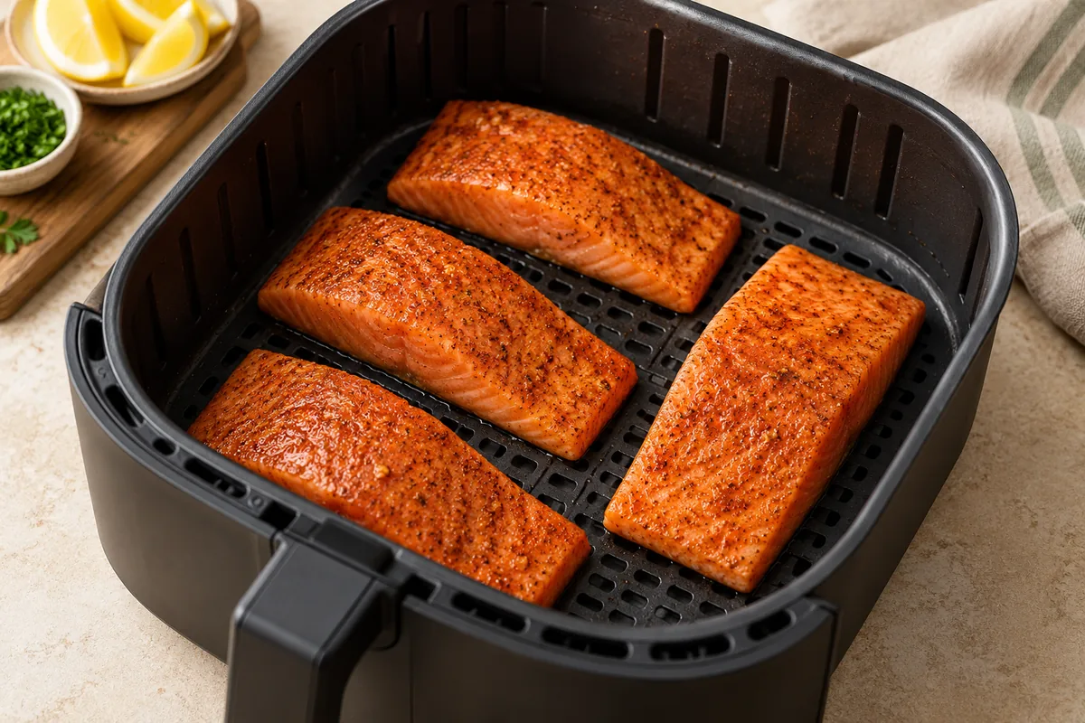 Lightly oil the air fryer basket (or line it with perforated air fryer parchment). Lay the salmon in a single layer, skin side down, with a little space between each fillet.