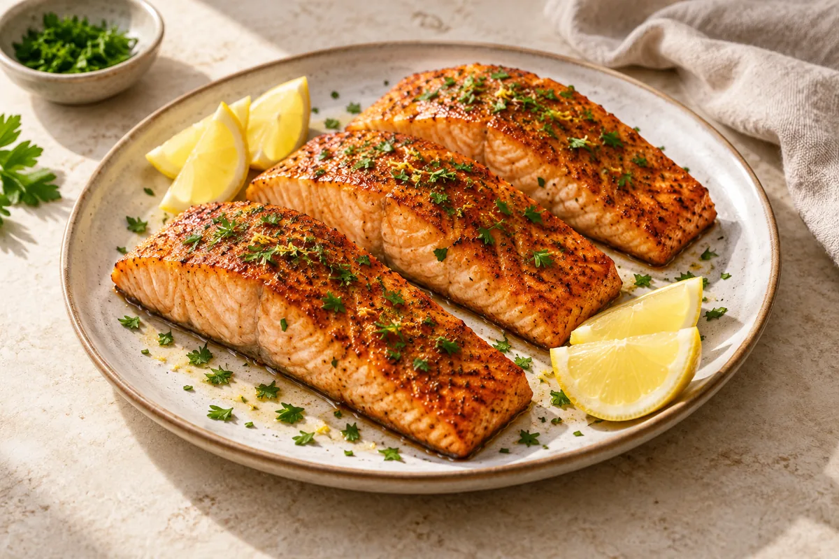 Let the salmon rest for 1 to 2 minutes, then squeeze over some lemon and scatter with parsley or dill. Serve with the remaining lemon wedges.