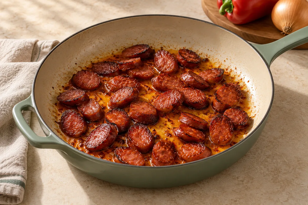 Warm oil in a large skillet over medium heat. Add the beef sausage and cook 2–3 minutes until it releases its red oil and crisps at the edges.