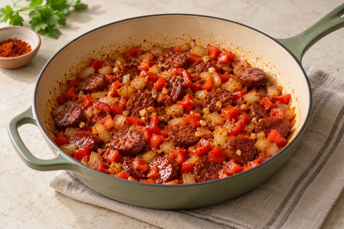 Add onion and pepper; cook 4 minutes until softened. Stir in garlic and paprika for 30 seconds.