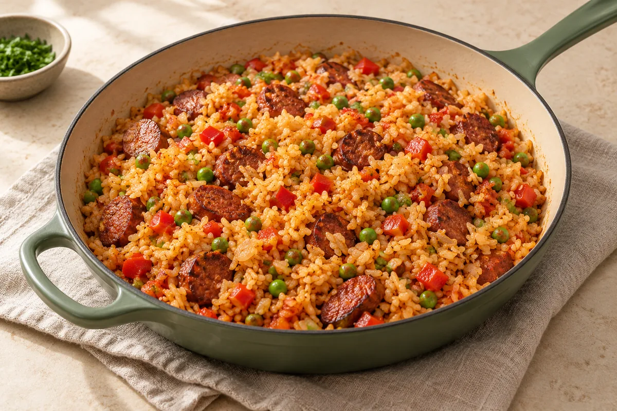 Add rice and peas; stir to coat in the oil. Pour in broth and cook 4–5 minutes, stirring occasionally, until hot and lightly crisp on the bottom.