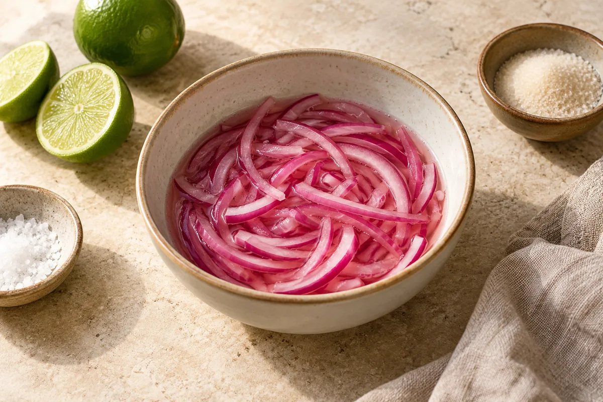 Toss the sliced red onion with the lime juice, sugar, and a pinch of salt in a small bowl. Set aside to quick-pickle while you cook.