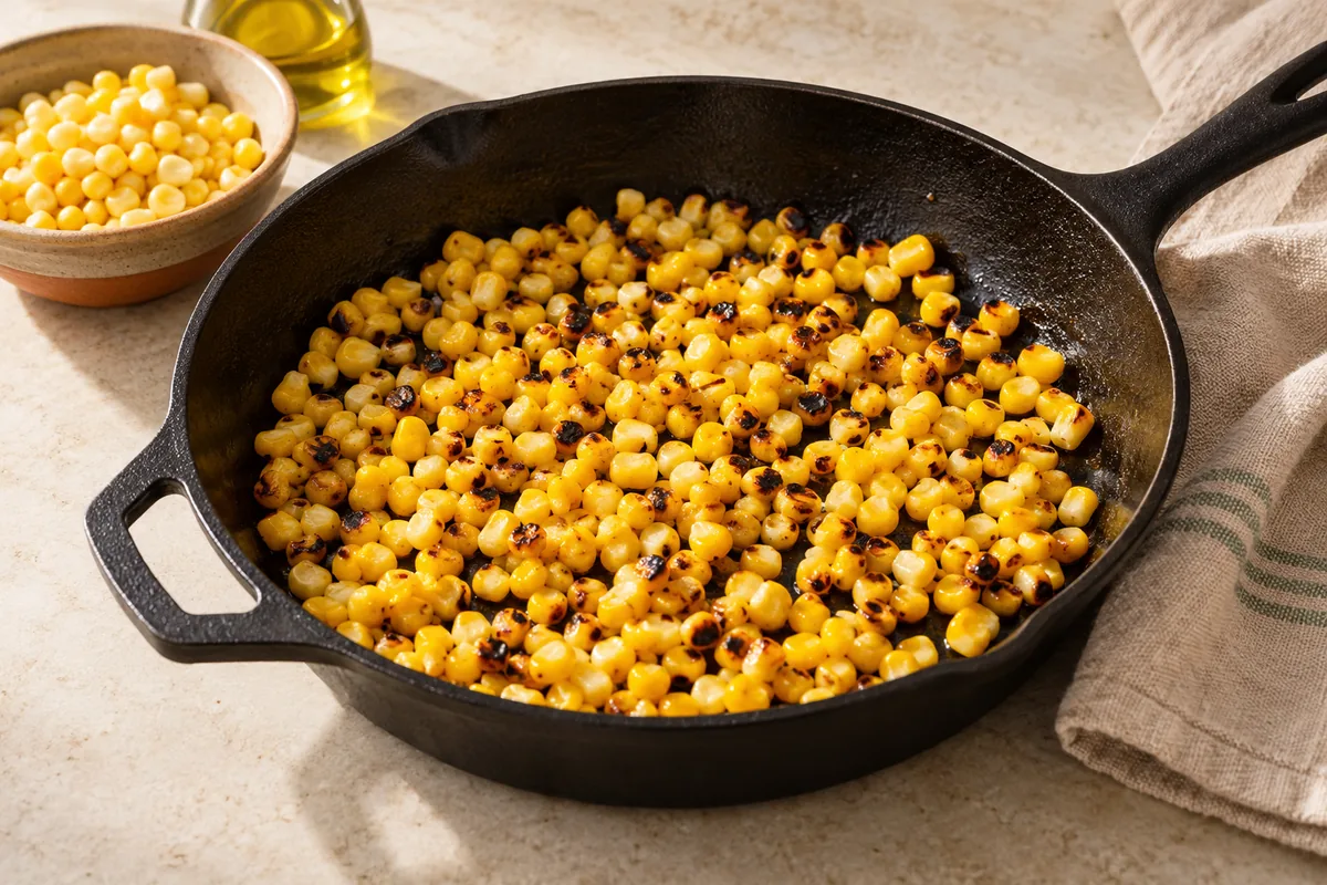 Heat the oil in a 10-inch cast-iron or heavy skillet over medium-high heat. Add the corn and cook 2 minutes without stirring, until some kernels char, then stir and cook 1 minute more.