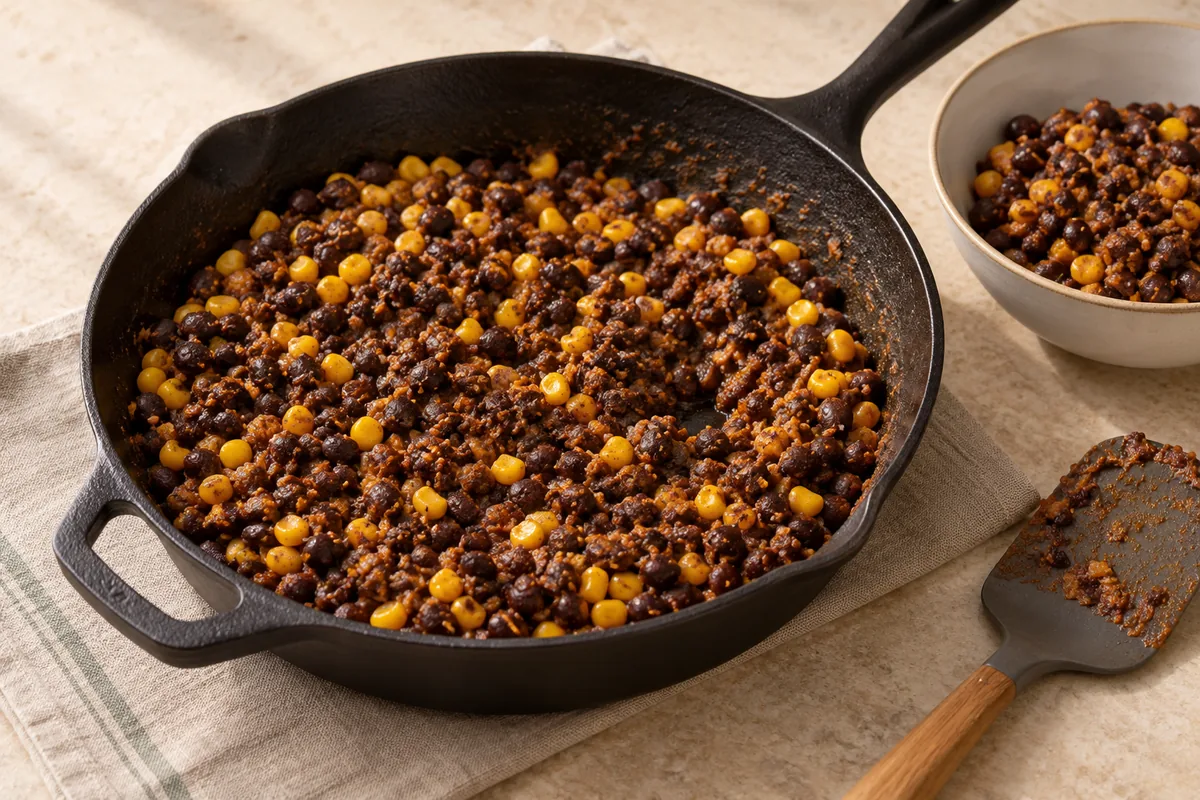Add the black beans, cumin, chili powder, smoked paprika, garlic powder, and salt. Cook 2 minutes, stirring. Add the water and lightly mash about a third of the beans with a spatula or potato masher, then cook 1 to 2 minutes more until thick and starting to crisp at the edges. Taste, season, and spoon into a bowl.
