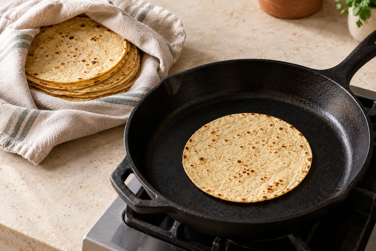 Wipe out the skillet and warm the tortillas in the dry pan over medium-high heat, 20 to 30 seconds per side, until soft and lightly toasted. Stack them in a clean kitchen towel to keep warm.