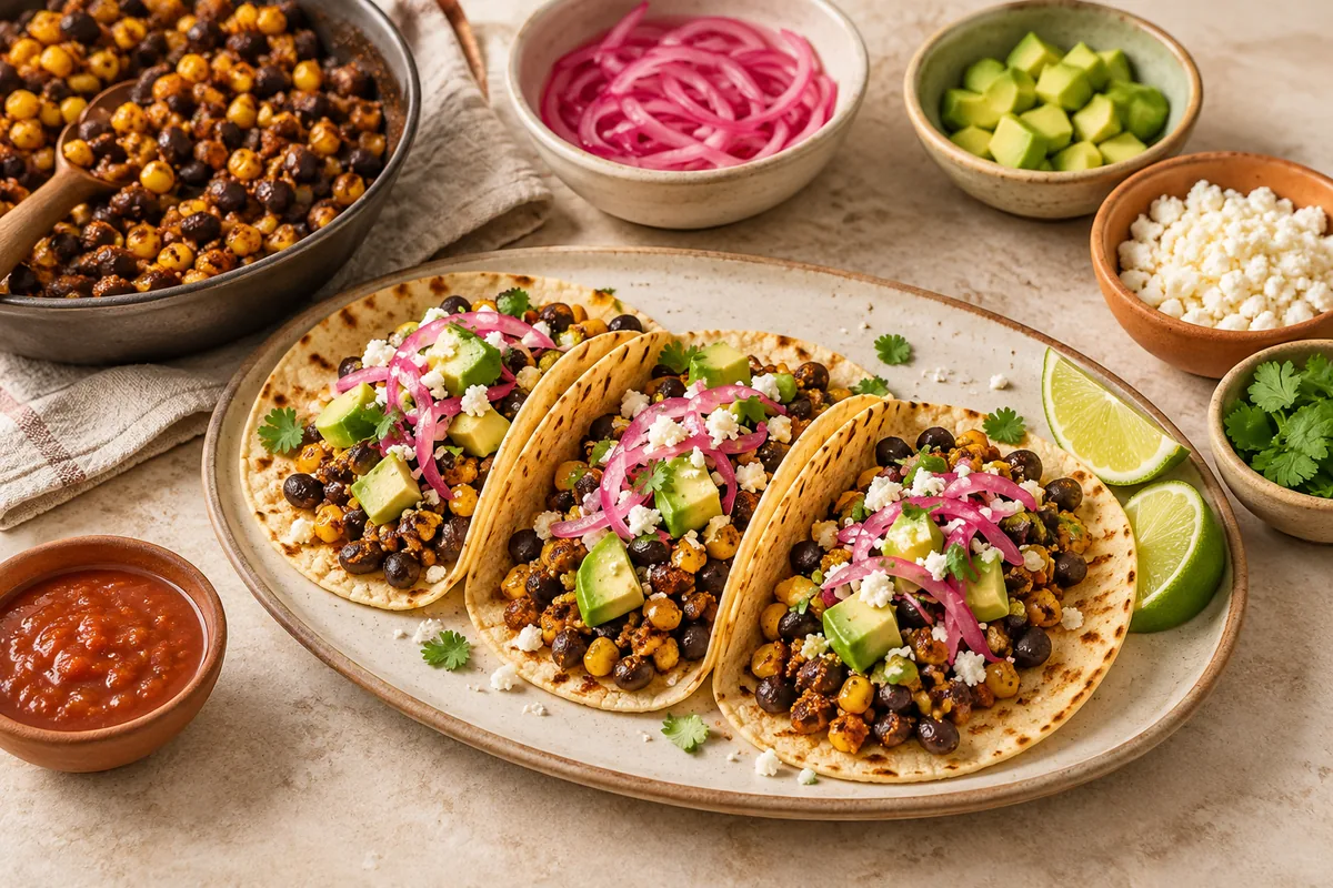 Fill each tortilla with the bean and corn mixture, then top with avocado, pickled onions, cotija, and cilantro. Serve with lime wedges and salsa or hot sauce.