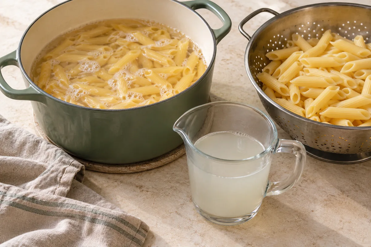Bring a large pot of salted water to a boil and cook the pasta until al dente. Reserve 3/4 cup of pasta water before draining.