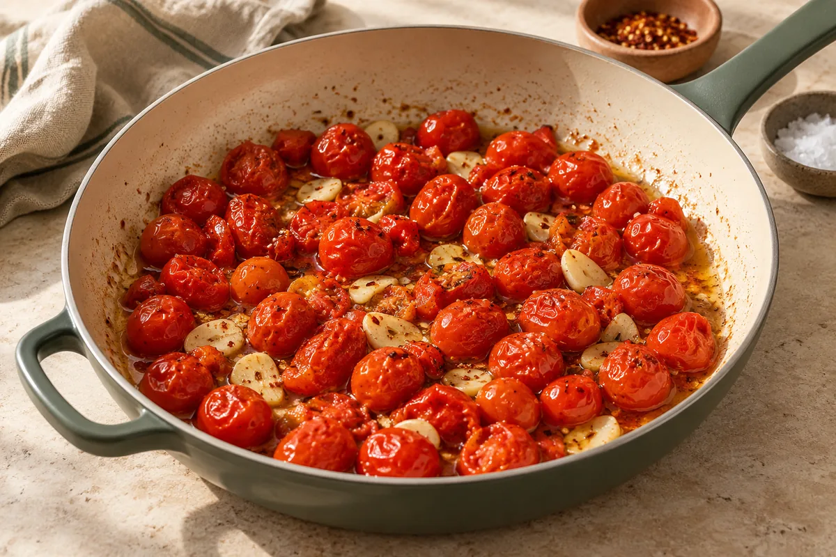 Meanwhile, heat the olive oil in a large skillet over medium-high heat. Add the cherry tomatoes and salt and cook 6 to 8 minutes, shaking the pan, until blistered and starting to burst. Add the garlic and pepper flakes for the last minute.