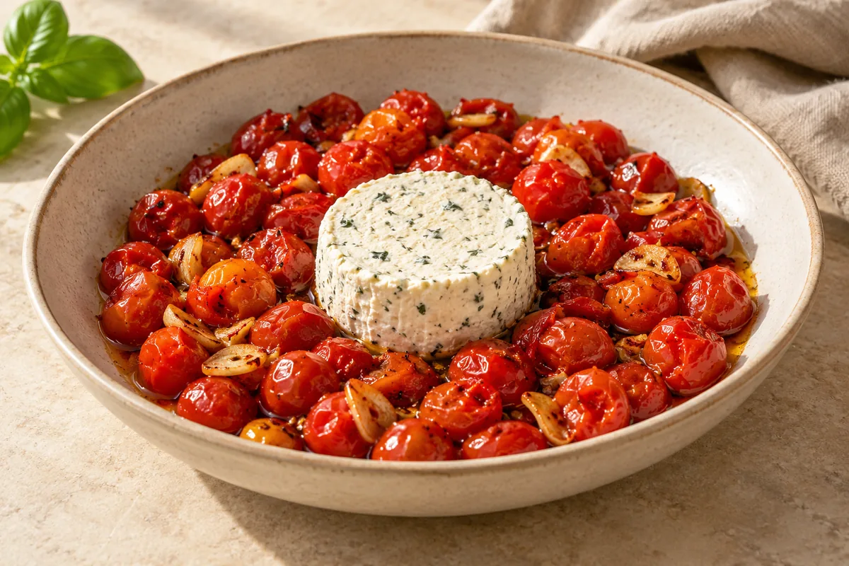 Put the Boursin in the middle of a warm serving dish and spoon the blistered tomatoes and their oil around it.