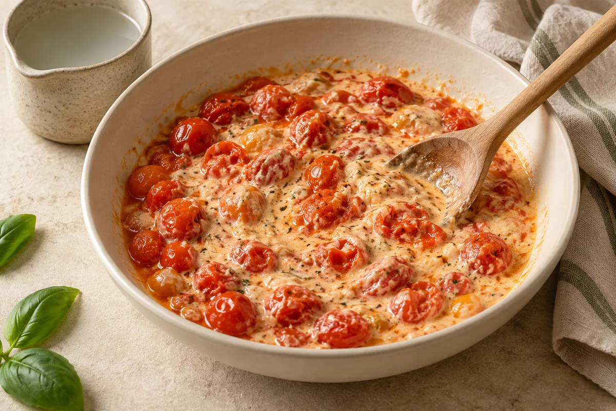 Mash the Boursin and some of the tomatoes with a spoon, add 1/2 cup of hot pasta water and stir into a creamy sauce.