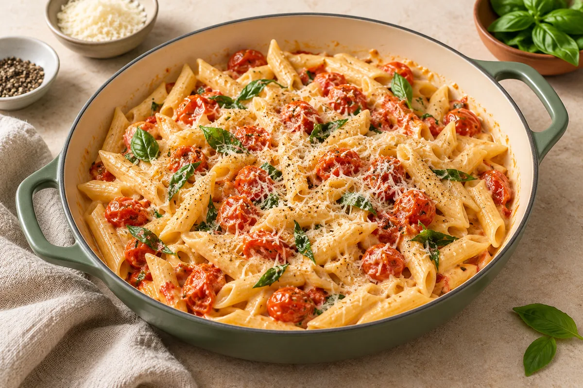 Add the hot pasta and toss until coated, adding more pasta water if needed. Season with black pepper and finish with basil and parmesan.