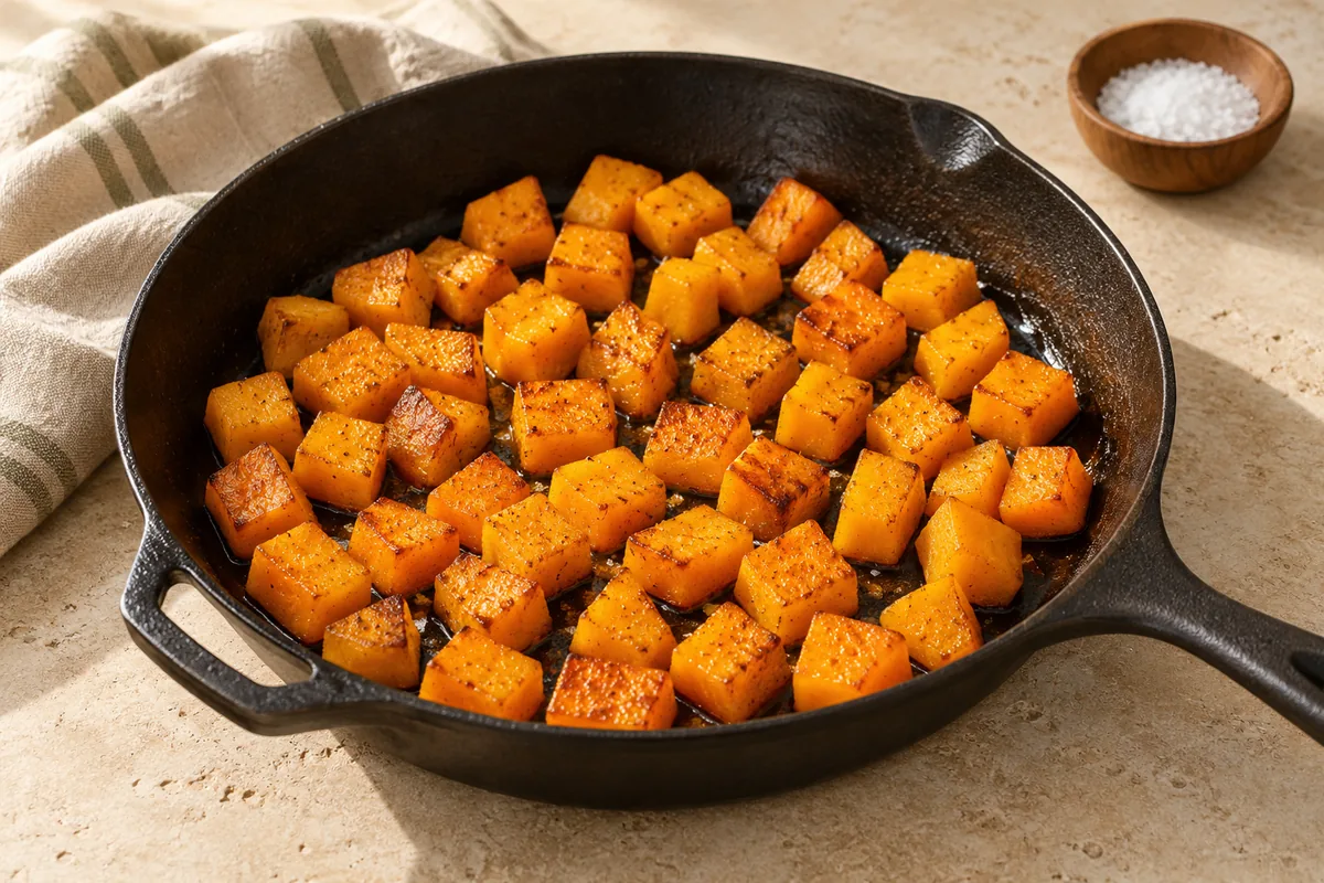 Heat the olive oil in a 12-inch cast-iron or heavy skillet over medium-high heat. Add the squash cubes in a single layer with 1/2 tsp salt and cook 5 to 6 minutes, turning only every couple of minutes, until golden on several sides.
