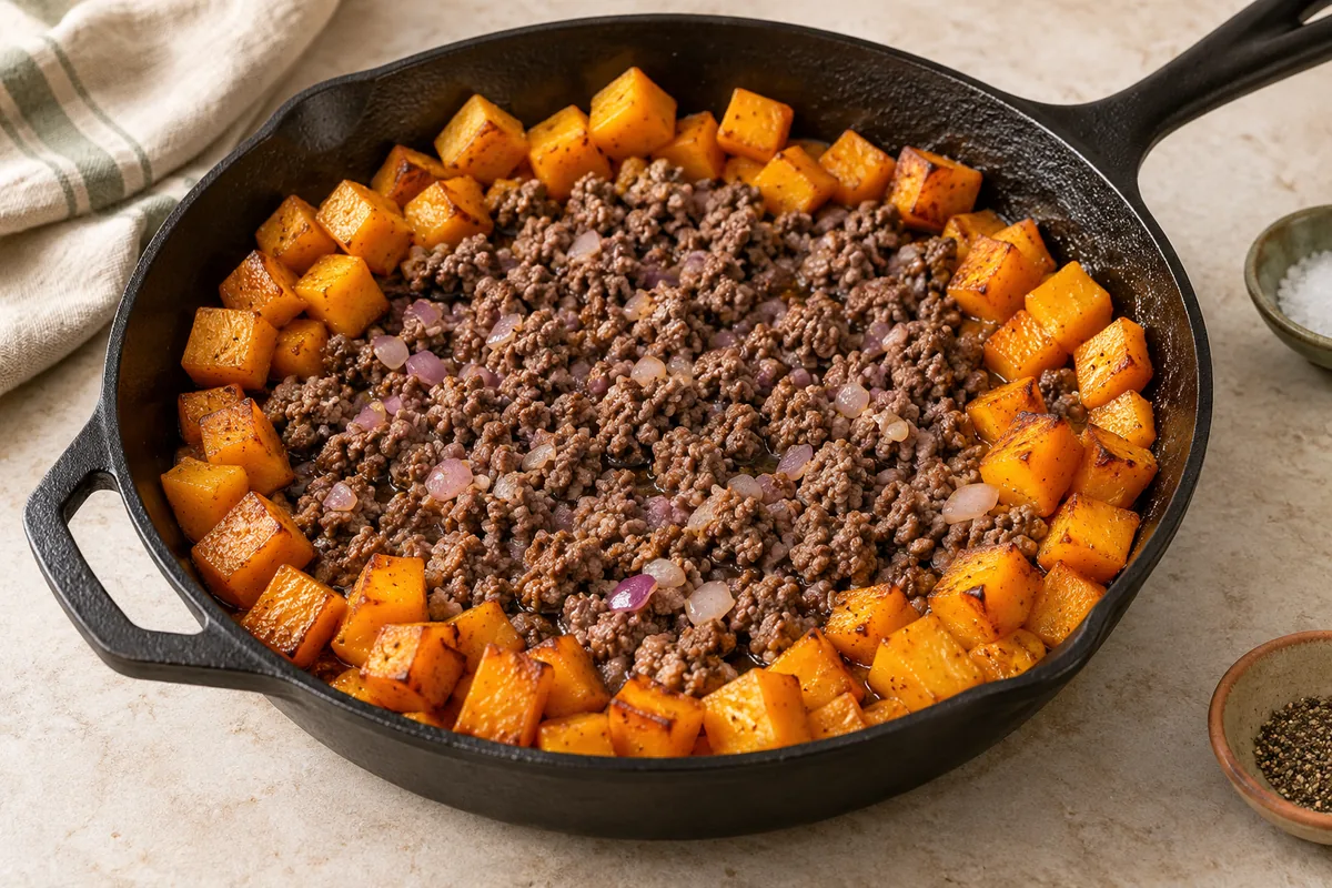 Push the squash to the edge of the pan. Add the onion to the center and cook 1 minute, then add the ground beef. Break it up and cook 4 to 5 minutes until browned with no pink left.