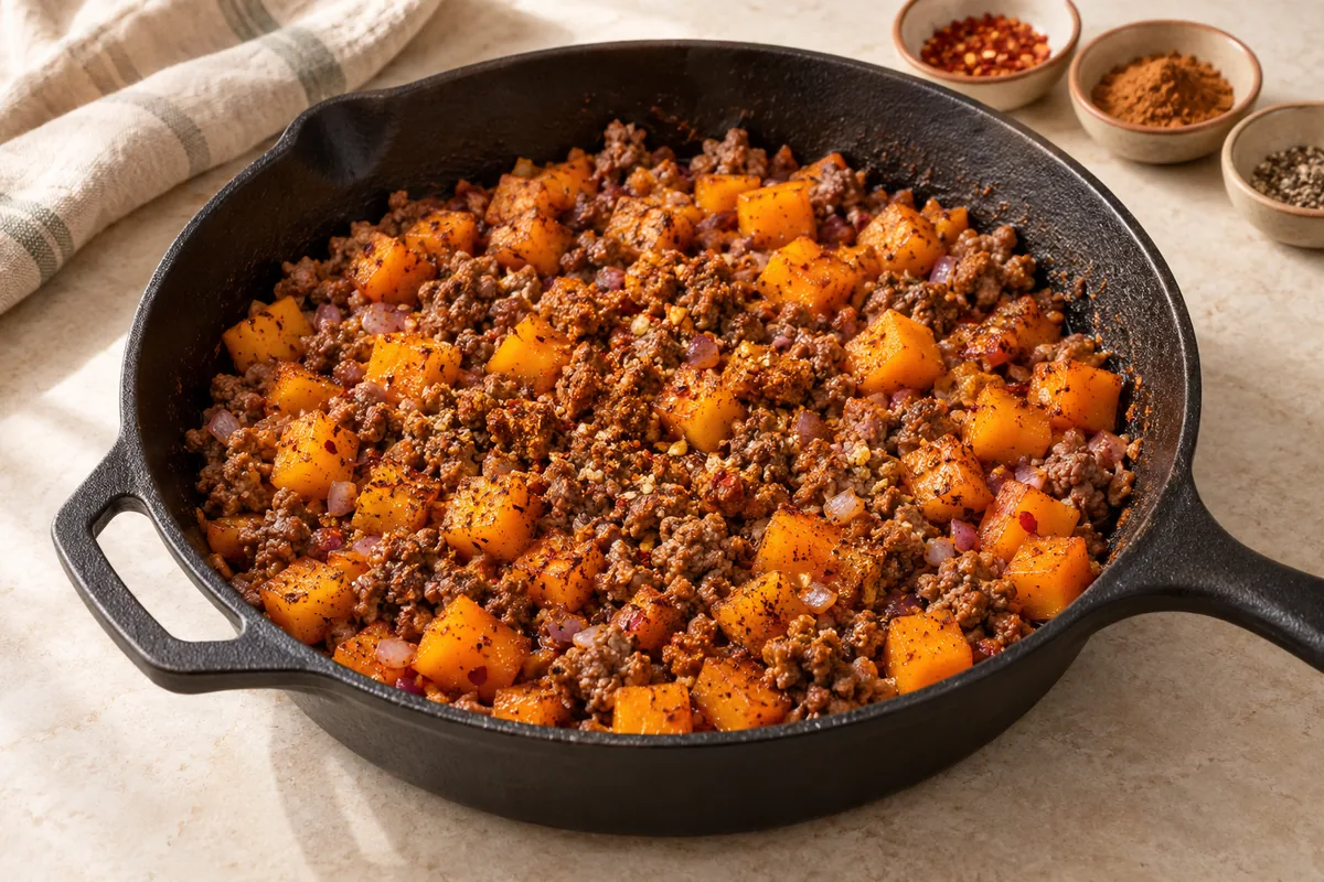 Stir in the garlic, smoked paprika, cumin, cinnamon, pepper flakes, remaining salt and black pepper and cook 30 seconds until fragrant.