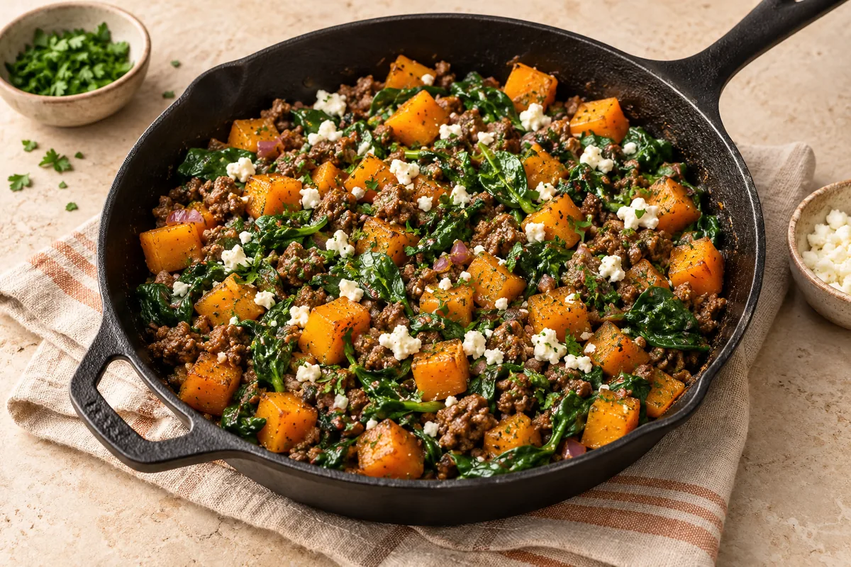 Uncover, add the spinach and stir until just wilted, about 1 minute. Add the lemon juice, taste for salt, and finish with feta and parsley. Serve straight from the skillet.