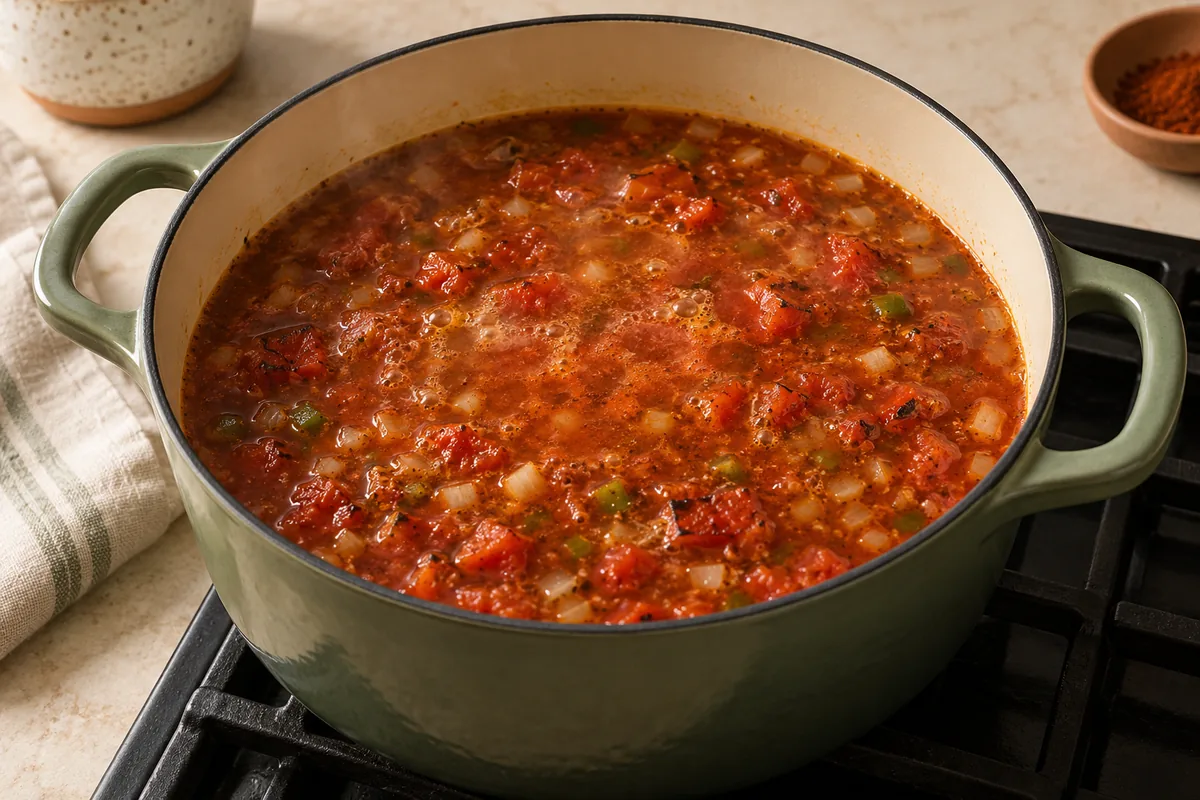 Add the tomatoes with their juices and the broth. Bring to a boil, then simmer 5 minutes.
