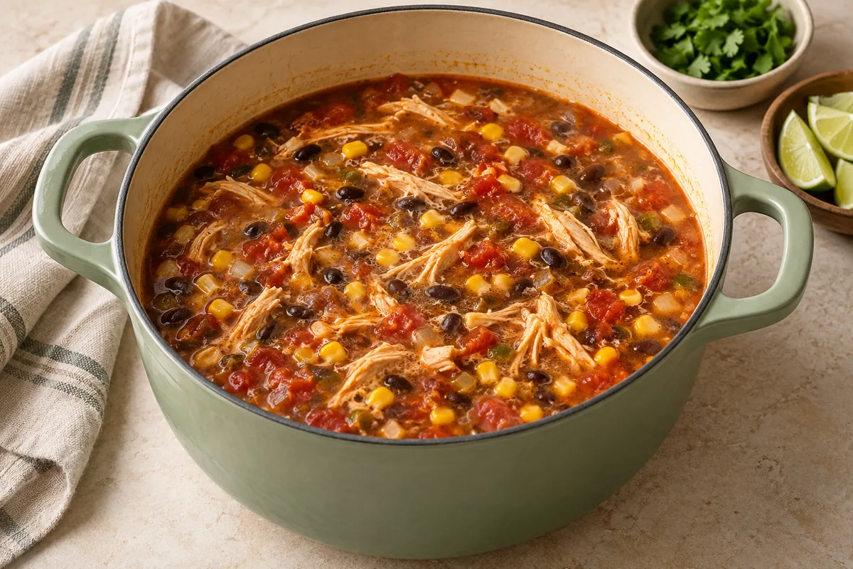 Stir in the black beans, corn and shredded chicken and simmer 4 minutes until everything is hot.
