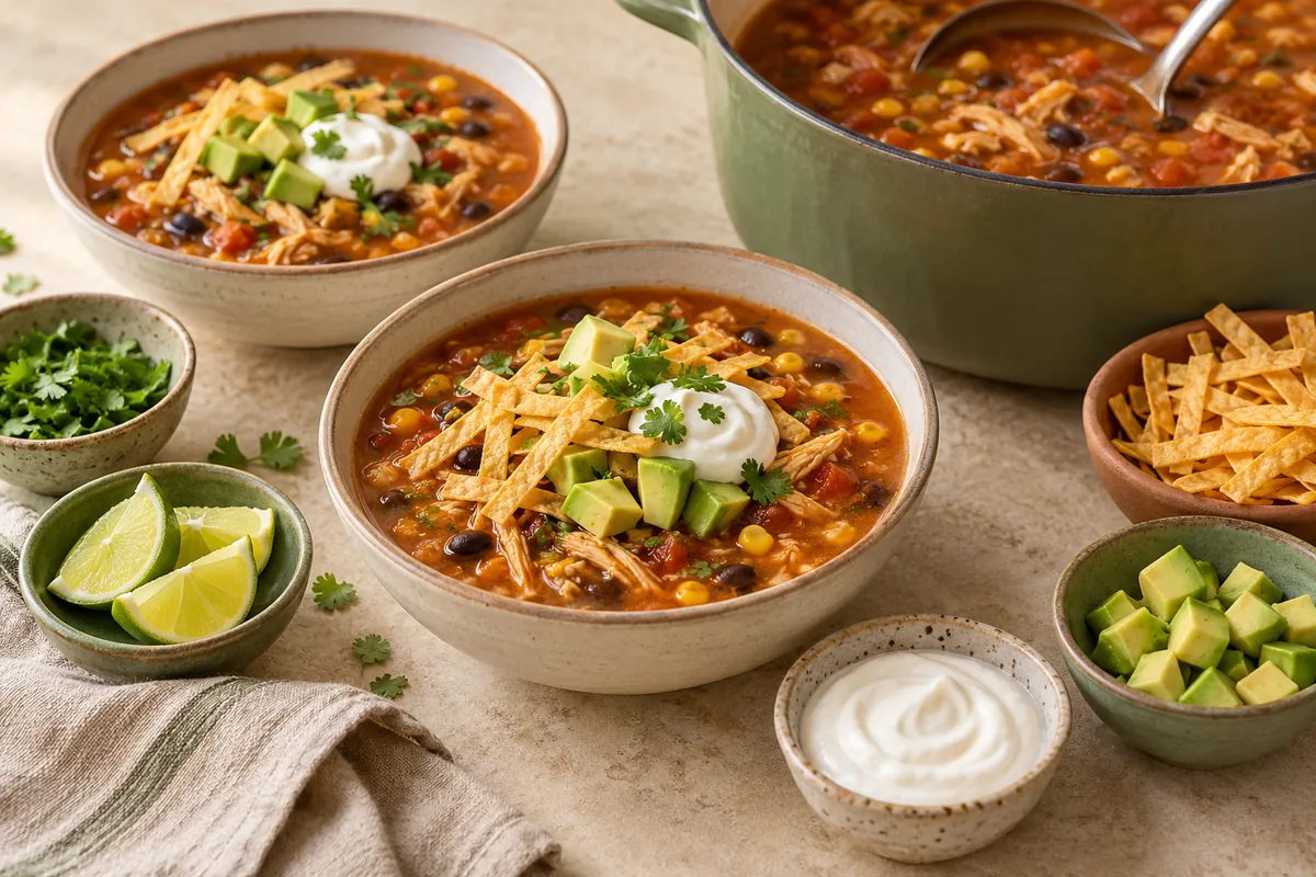 Ladle into bowls and top generously with tortilla strips, avocado, a spoonful of sour cream and lime wedges.