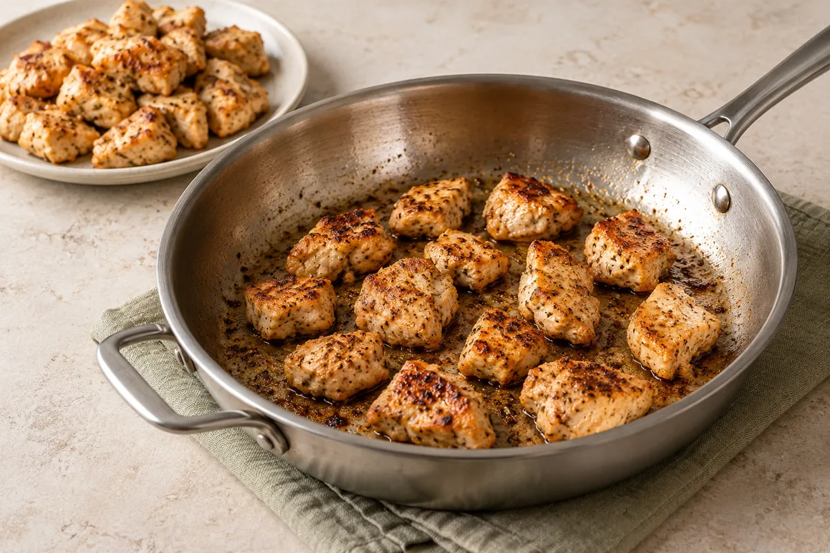 Heat 1 tbsp of the oil in a 12-inch stainless-steel skillet over medium-high heat until shimmering. Add the chicken in a single layer and sear without moving for 3 minutes, until golden underneath. Turn and cook 2 to 3 minutes more, until browned and 165°F inside. Move to a plate.