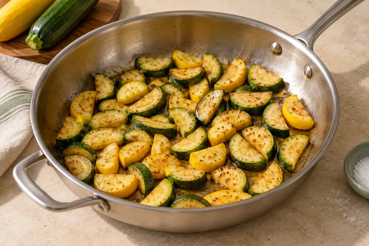 Add the remaining 1 tbsp oil, the green and yellow zucchini and the remaining 1/4 tsp salt. Spread out in one layer and cook for 3 to 4 minutes, stirring only once or twice, until lightly browned but still firm.