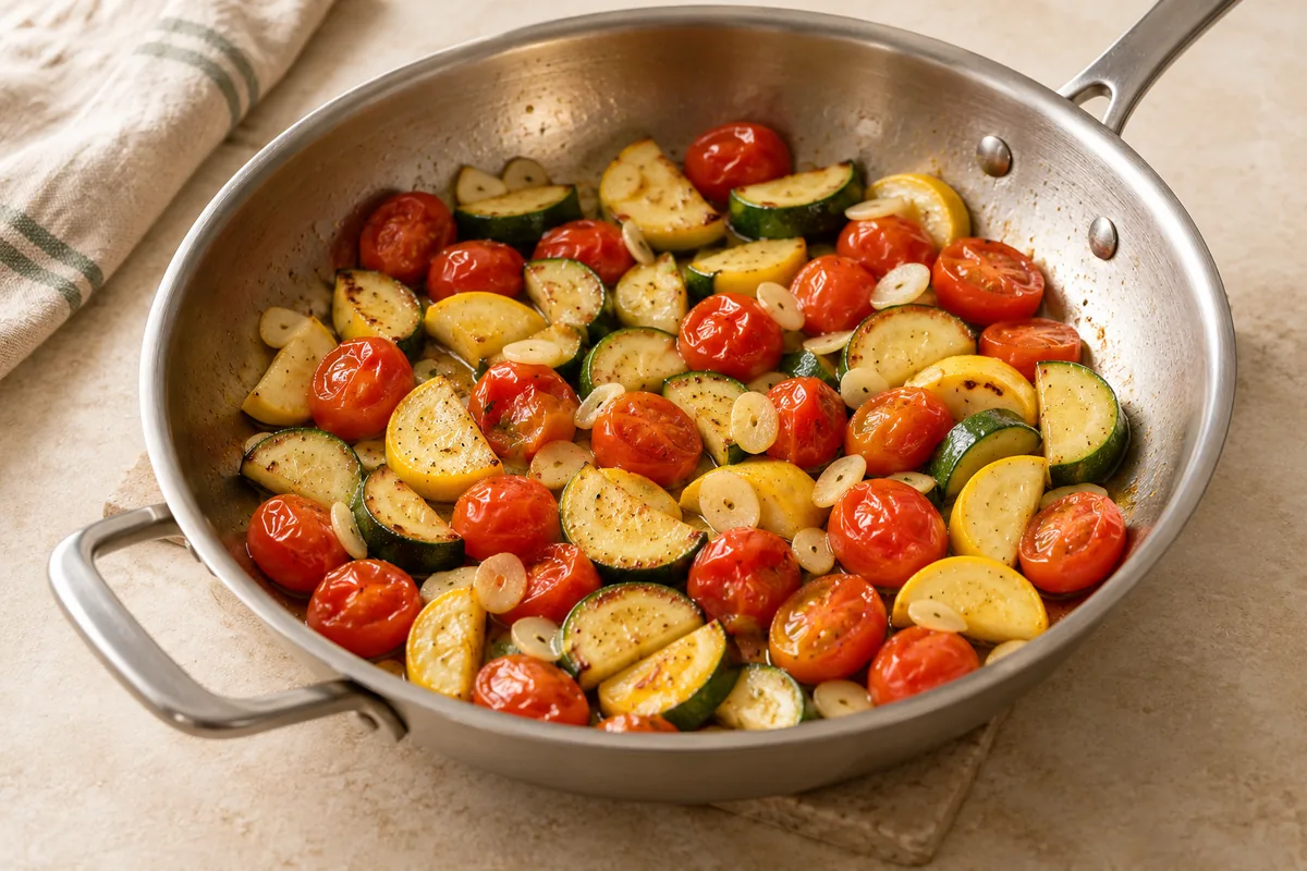 Add the garlic and cherry tomatoes and cook for 2 minutes, until the garlic is fragrant and the tomatoes start to blister and soften.
