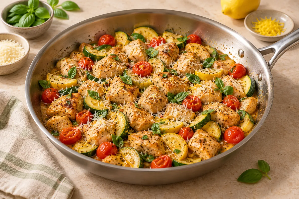 Pour in the broth and lemon juice and scrape up the browned bits. Simmer for 1 minute, then stir in the butter and lemon zest. Return the chicken and its juices and toss for 1 minute to coat. Sprinkle with parmesan and torn basil and serve.