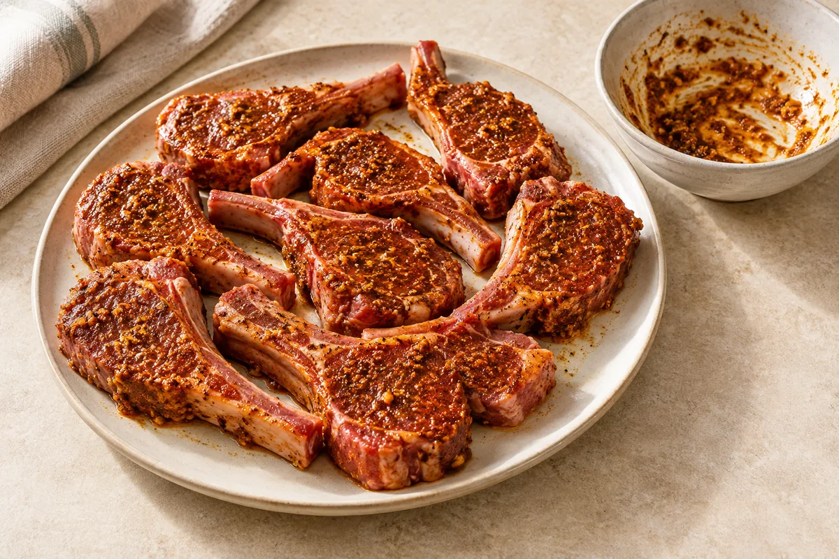 Pat the lamb chops dry with paper towels. In a small bowl, mix 1 tbsp of the oil with the garlic, cumin, coriander, paprika, salt, pepper and lemon zest, then rub the paste all over the chops.