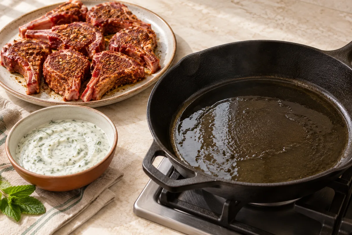 Heat the remaining 1 tbsp oil in a large cast-iron or heavy skillet over medium-high heat until shimmering, about 2 minutes. Meanwhile, stir together the mint yogurt ingredients and set aside.