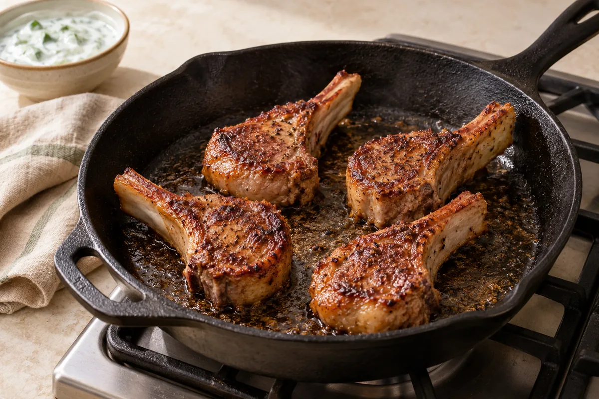 Add the chops to the pan without crowding (cook in two batches in a smaller skillet). Sear without moving for 3 to 4 minutes, until deeply browned, then flip and cook 3 minutes more. Use tongs to stand them on their fatty edge for 1 minute to render and crisp the fat.