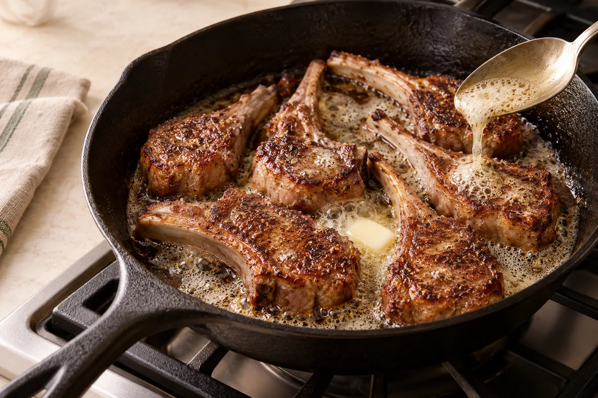 Lower the heat to medium-low, add the butter, and spoon the foaming butter over the chops for 30 seconds. Check the temperature: 130 to 135°F for medium-rare or 145°F for medium (the USDA minimum).