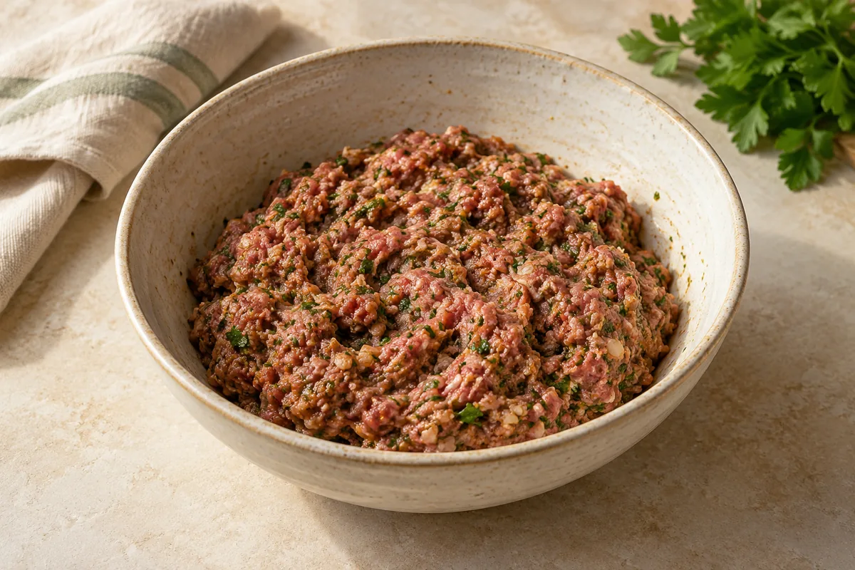 Put the lamb, grated onion with its juice, garlic, parsley, cumin, coriander, paprika, cinnamon, salt and pepper in a bowl. Mix with your hands for about 1 minute, just until the spices are evenly spread and the mixture feels slightly sticky.