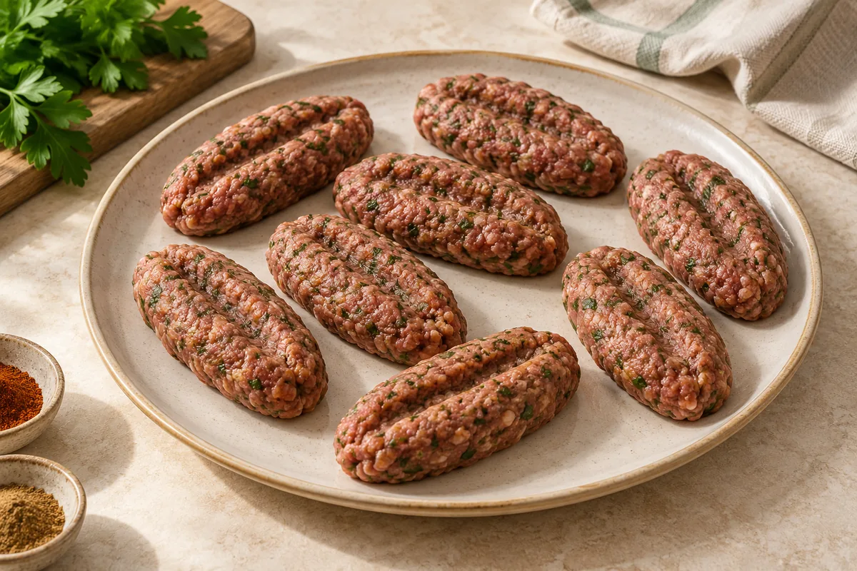 Divide the mixture into 8 equal portions (about 2 oz each). With damp hands, shape each one into a flat oval kofta about 4 inches long and 3/4 inch thick, pressing a shallow groove down the middle with your finger so they cook evenly.