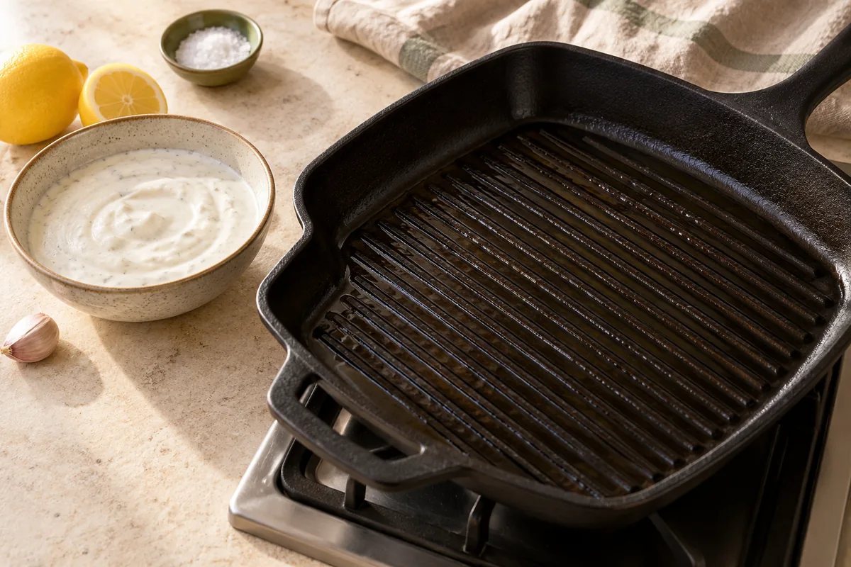 Heat a cast-iron grill pan over medium-high heat for 2 to 3 minutes, then brush the ridges with the oil. Meanwhile, stir together the garlic yogurt sauce ingredients.