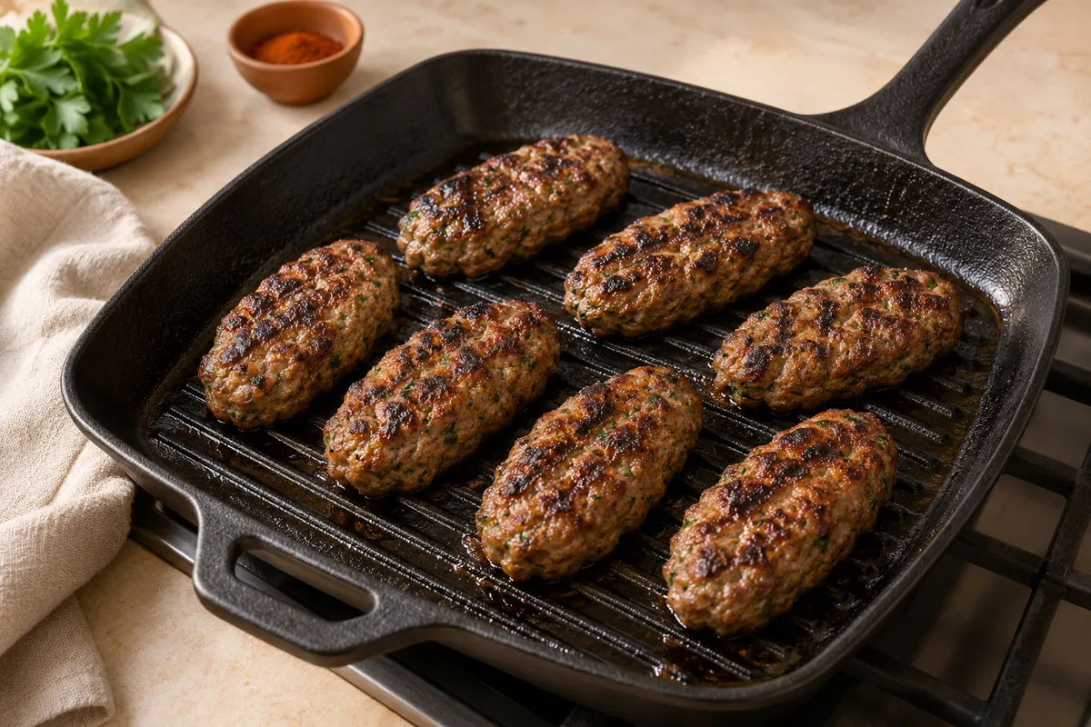 Lay the kofta in the grill pan with space between them. Cook without moving for 3 to 4 minutes, until they release easily and have dark grill marks, then turn and cook 3 to 4 minutes more. Turn once or twice more until browned all over and an instant-read thermometer reads 160°F in the center, about 10 to 12 minutes total.