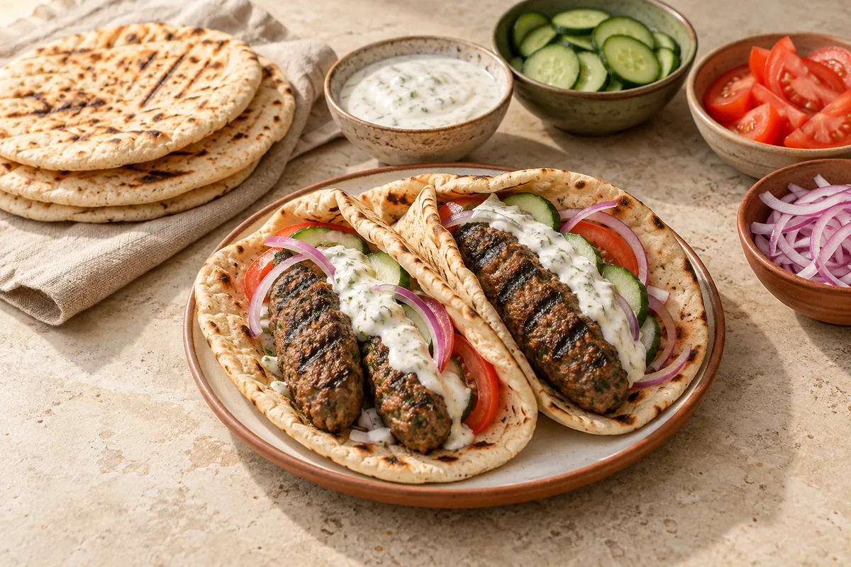 Warm the flatbreads in the hot grill pan or a dry skillet for 20 seconds per side. Fill each with two kofta, cucumber, tomato and red onion, and spoon over the garlic yogurt sauce.