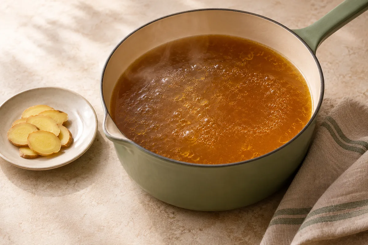 Combine the broth, ginger slices, soy sauce, sugar, white pepper, and turmeric (if using) in a medium saucepan. Bring to a simmer over medium-high heat and simmer 3 minutes, then lift out the ginger.