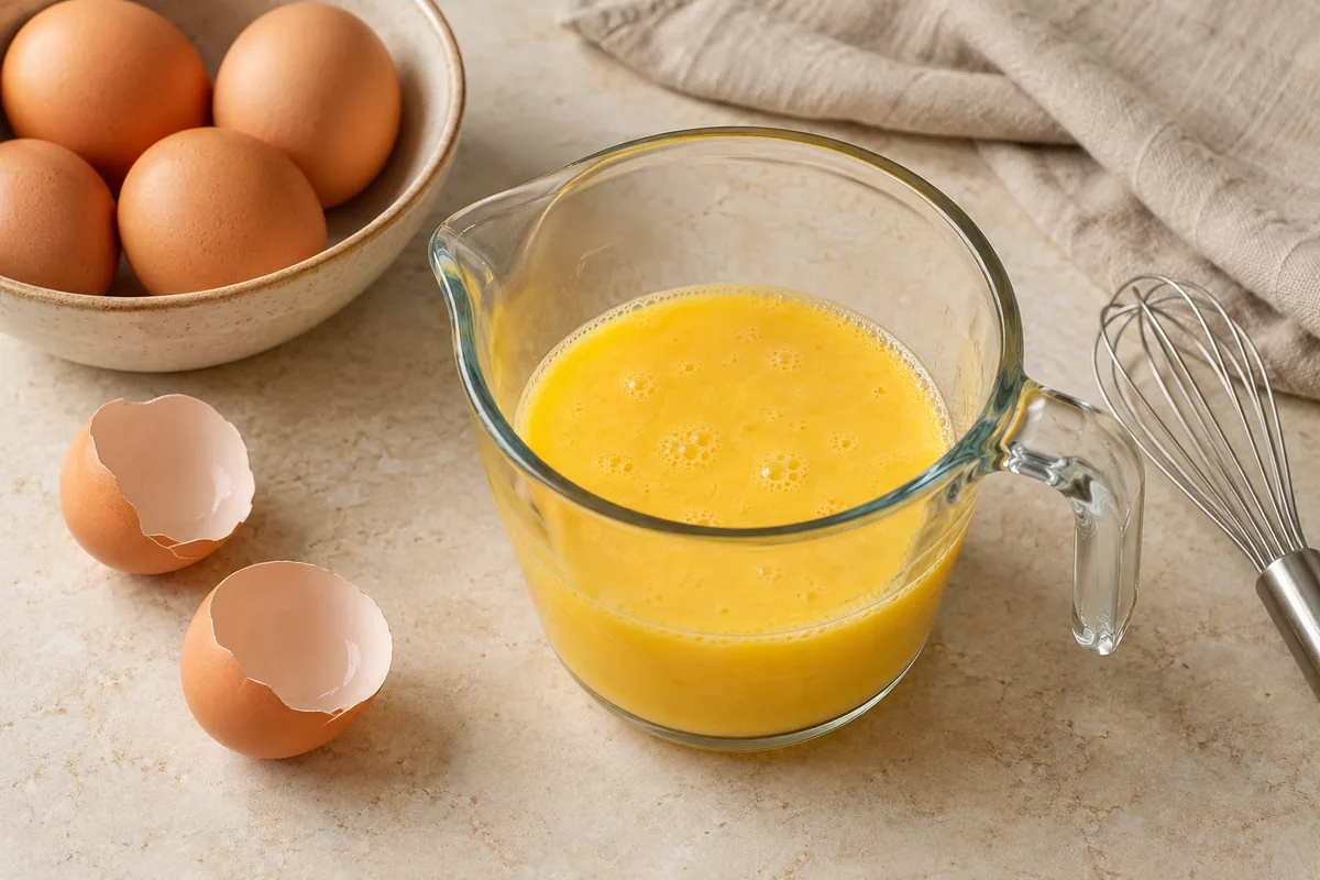 Beat the eggs in a measuring cup or bowl with a spout until completely smooth and no streaks of white remain.