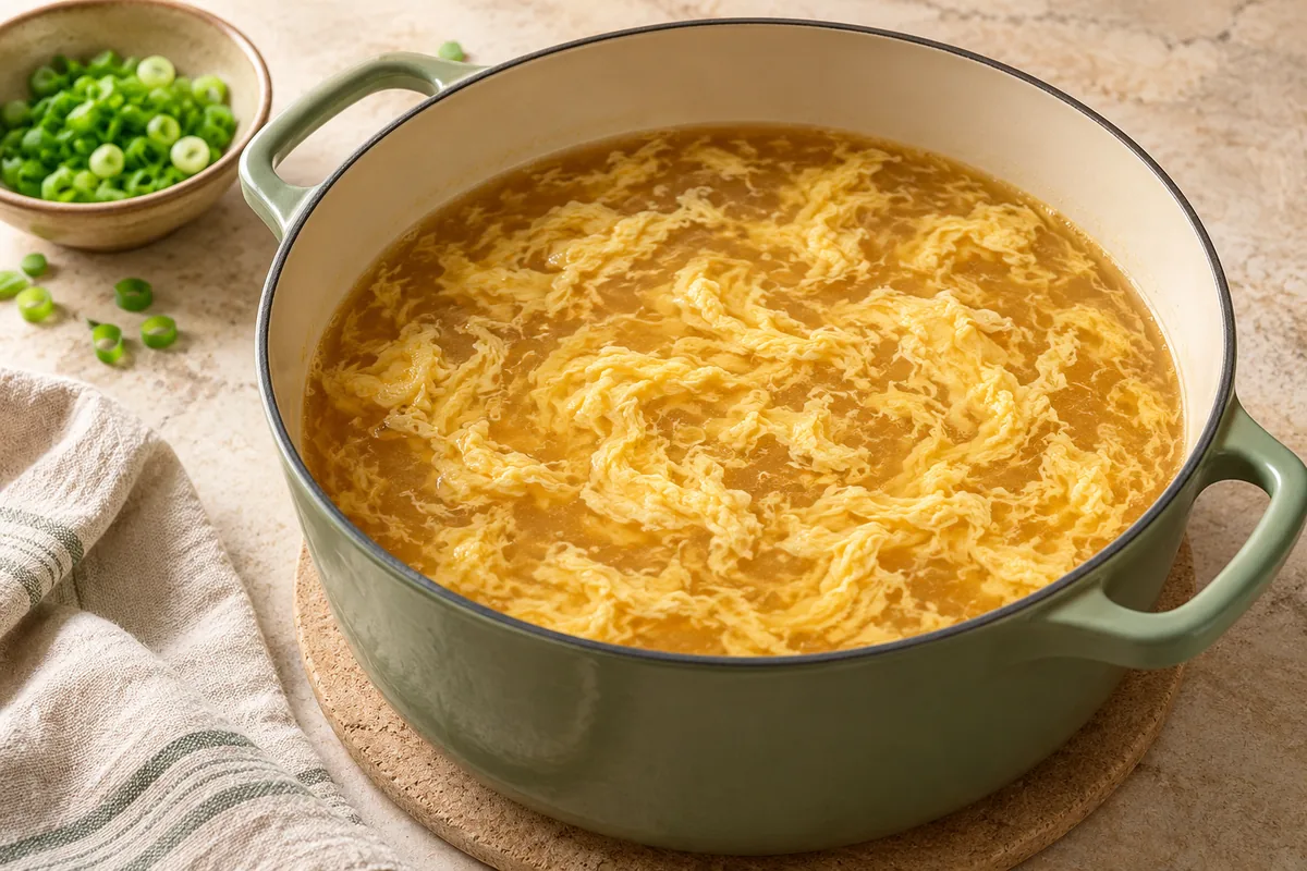 Lower the heat so the soup is barely simmering. Stir the soup in one direction to make a slow whirlpool, then slowly drizzle in the eggs in a thin stream. Wait about 10 seconds, then gently stir once or twice to separate the ribbons. Turn off the heat.