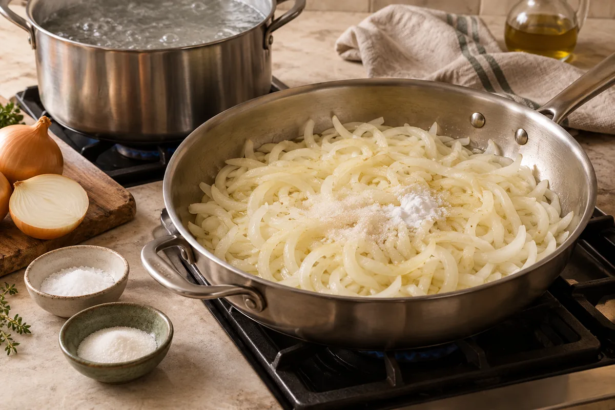 Bring a large pot of salted water to a boil for the pasta. Meanwhile, melt 2 tbsp butter with the oil in a large stainless skillet or saute pan over medium-high heat. Add the onions, salt, sugar and baking soda.