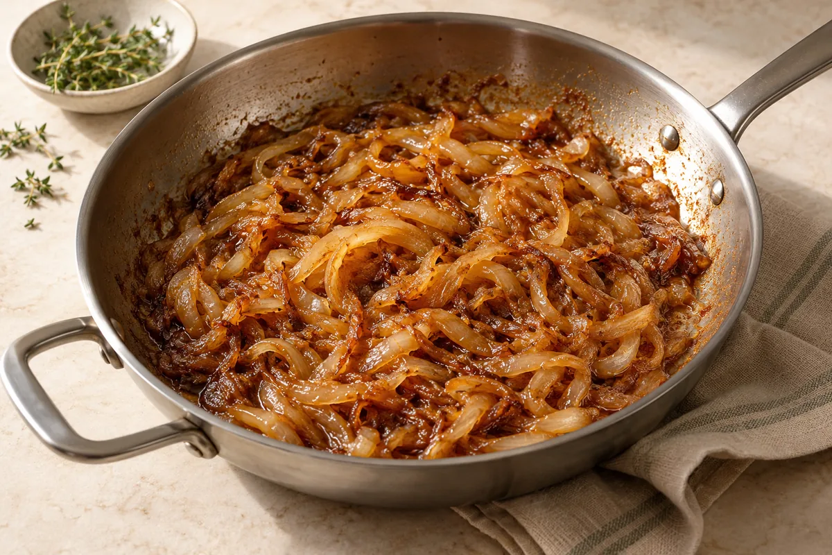 Cook the onions 12 to 14 minutes, stirring every minute or so. When the pan gets brown and sticky, add a splash (1 to 2 tbsp) of water and scrape it up. Keep going until the onions are soft, jammy and deep golden.