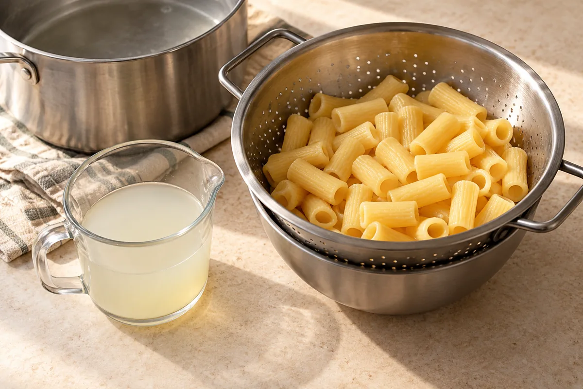 While the onions cook, boil the pasta 1 minute less than the package says. Reserve 1 cup of pasta water and drain.