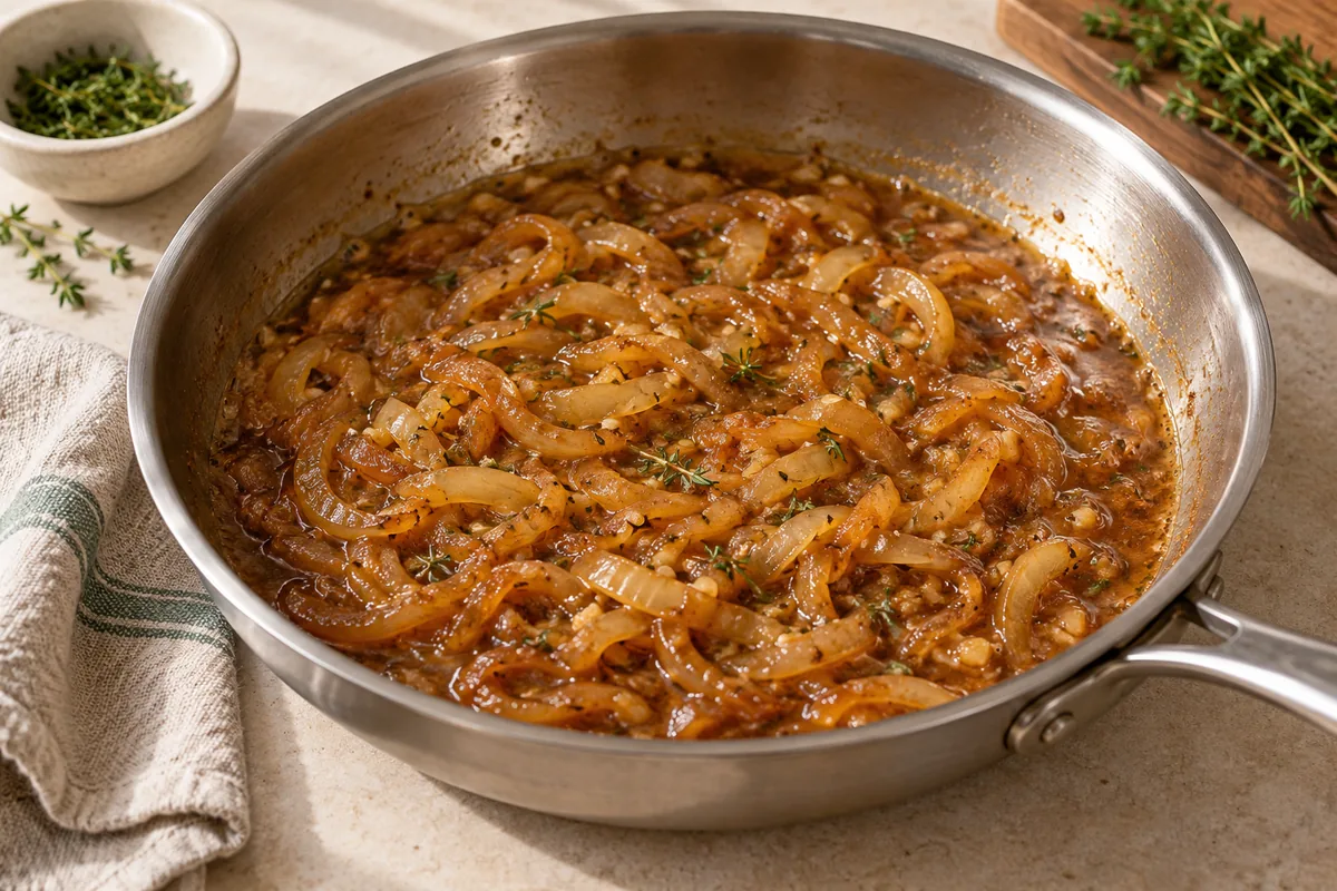 Add the garlic and thyme to the onions and cook 30 seconds. Pour in the broth and vinegar, scrape the pan, and simmer 2 minutes until slightly reduced.