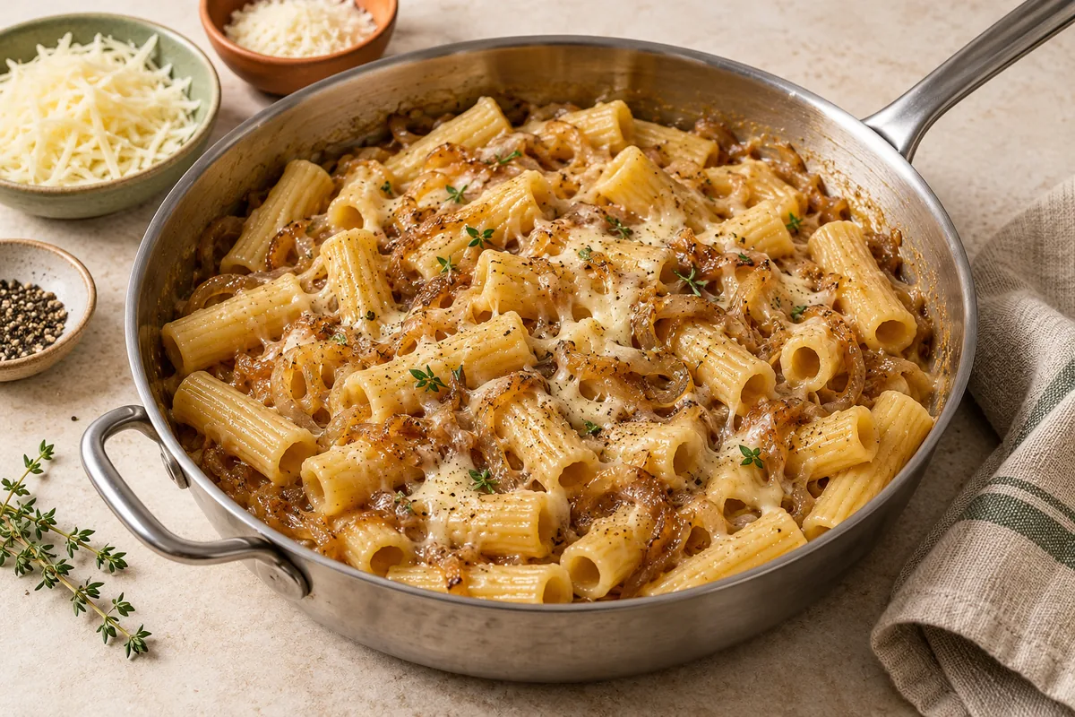 Add the pasta and the remaining 1 tbsp butter and toss 1 minute. Off the heat, add the Gruyère and parmesan with a splash of pasta water and toss until creamy. Season with black pepper and thyme and serve.