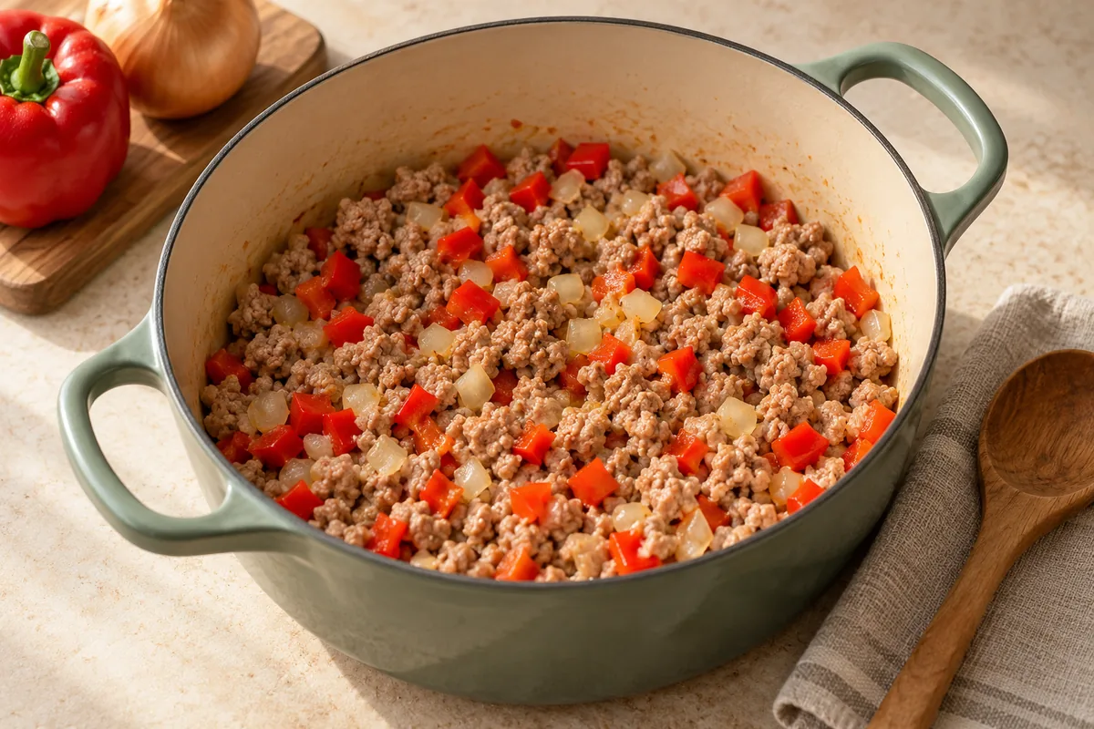 Heat the oil in a large pot or Dutch oven over medium-high heat. Add the turkey, onion and bell pepper and cook 5 minutes, breaking up the meat, until the turkey is no longer pink.