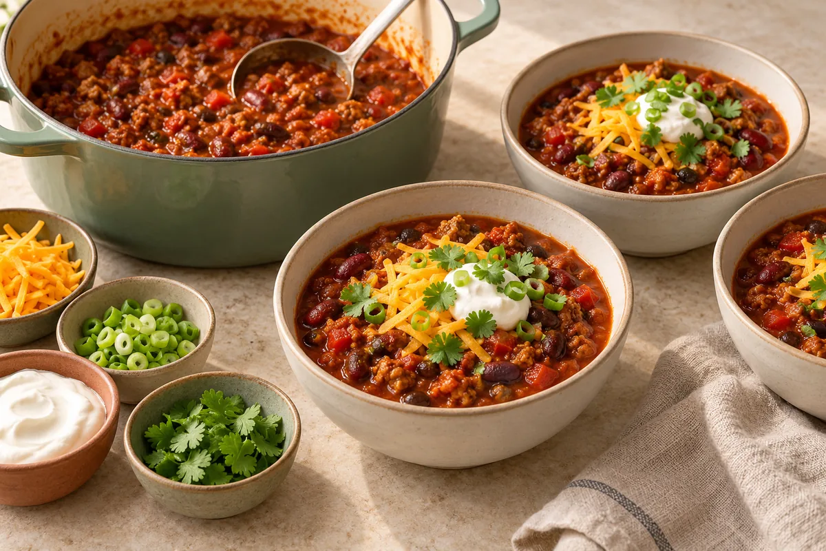 Ladle into bowls and top with cheddar, sour cream, green onions and cilantro.