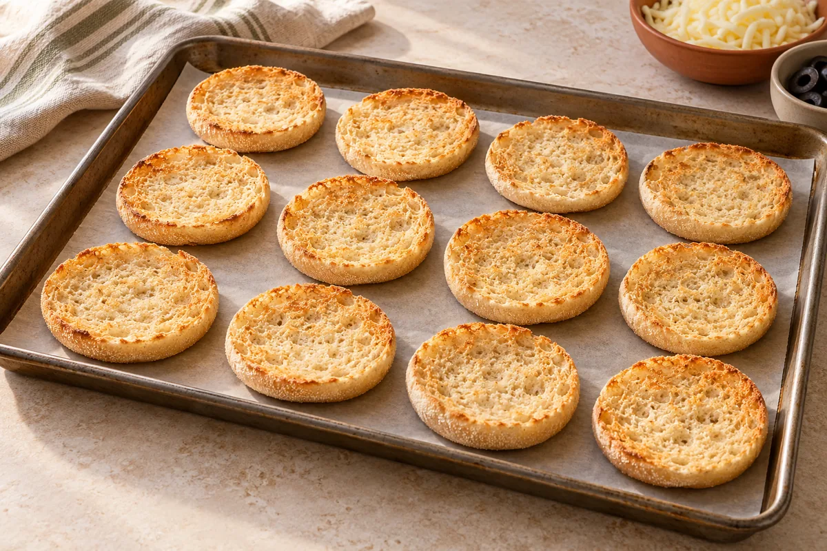 Heat the oven to 425°F (220°C) with a rack in the upper third. Place the muffin halves cut side up on a baking tray and toast 2 minutes, which keeps them crisp.