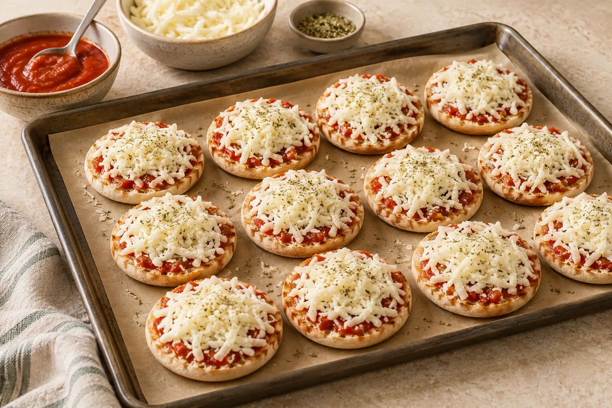 Spread each half with about 1 tbsp sauce, sprinkle with oregano and top with mozzarella.