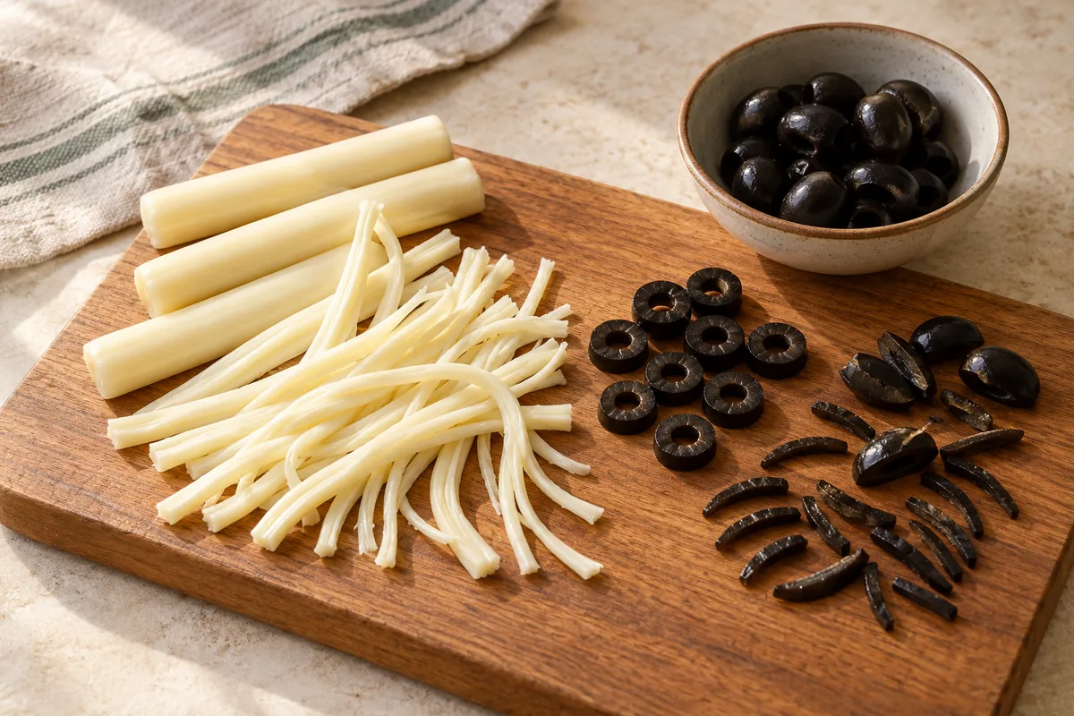 While they bake, peel the string cheese into thin strips. Slice some olives into rings for eyes; cut the rest in half lengthwise, then into thin slivers for spider legs.